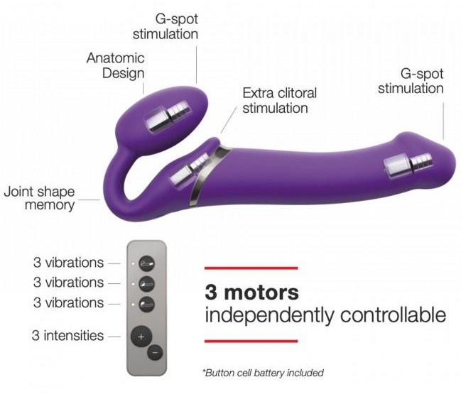 Безремневой страпон с вибрацией Strap-On-Me Vibrating Bendable Strap-on Size M, фиолетовый