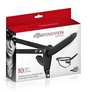 Двойной страпон с вибрацией Fetish Tentation Strap-On with Double Dildo, черный