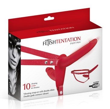 Двойной страпон с вибрацией Fetish Tentation Strap-On with Double Dildo, красный