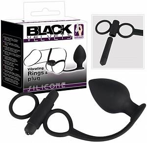 Виброкольцо с анальной пробкой Black Velvets, черное