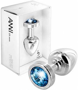 Анальная пробка Anni Round T1 с голубым кристаллом Swarovski, серебристая