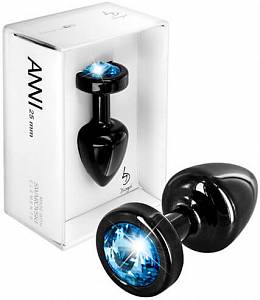 Анальная пробка Anni Round T1 с синим кристаллом Swarovski, черная